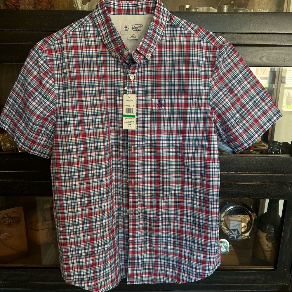 Original Penguin Men's Red and Blue Plaid Shirt Large New